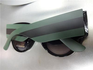 Thick Frame Cat Eye Style Sunglasses- Black Frame/ Black & Green Striped Temples