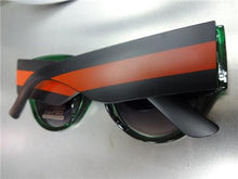Thick Frame Cat Eye Style Sunglasses- Green Frame/ Black & Red Striped Temples