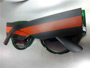 Thick Frame Cat Eye Style Sunglasses- Green Frame/ Black & Red Striped Temples