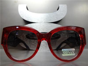 Thick Frame Cat Eye Style Sunglasses- Red Frame/ Red & Blue Striped Temples