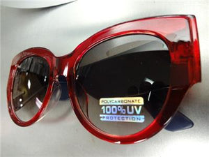 Thick Frame Cat Eye Style Sunglasses- Red Frame/ Red & Blue Striped Temples