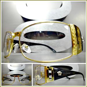 Classy Designer Style Clear Lens Glasses- Gold Frame/ Black Temples