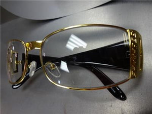 Classy Designer Style Clear Lens Glasses- Gold Frame/ Black Temples
