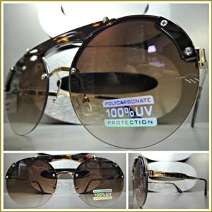 Semi-Rimless Round Style Sunglasses- Tortoise/ Brown Lens