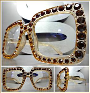 Square Bling Clear Lens Glasses- Beige Frame