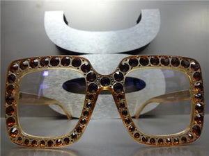 Square Bling Clear Lens Glasses- Beige Frame