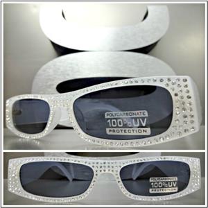 Rectangular Frame Bling Sunglasses- Pearl White