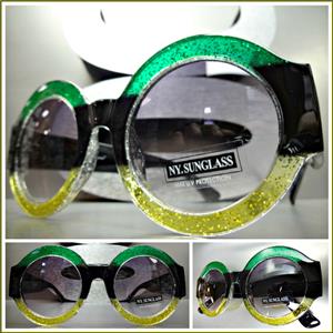 Classy Elegant Round Vintage Style Sunglasses- Green, Black & Yellow Frame