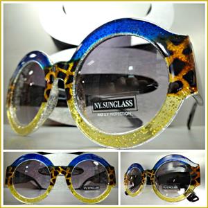 Classy Elegant Round Vintage Style Sunglasses- Blue, Leopard & Yellow Frame