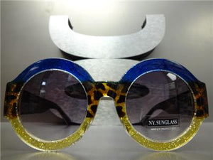 Classy Elegant Round Vintage Style Sunglasses- Blue, Leopard & Yellow Frame
