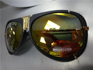 Classic Aviator Style Sunglasses- Matte Black Frame/ Gold Mirrored Lens