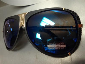 Classic Aviator Style Sunglasses- Matte Black Frame/ Blue Mirrored Lens