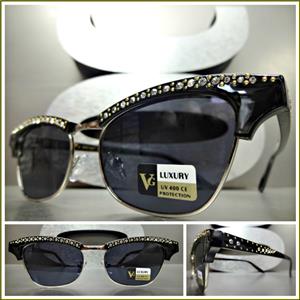 Classy Retro Bling Cat Eye Sunglasses- Black & Silver Frame