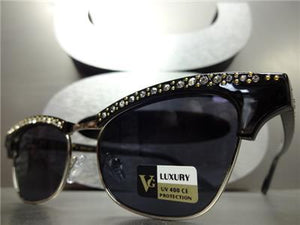 Classy Retro Bling Cat Eye Sunglasses- Black & Silver Frame