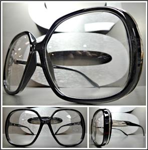Oversized Vintage Style Clear Lens Glasses- Black & Silver Frame
