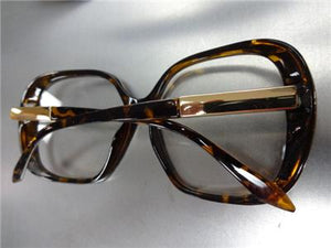 Oversized Vintage Style Clear Lens Glasses- Tortoise & Gold Frame