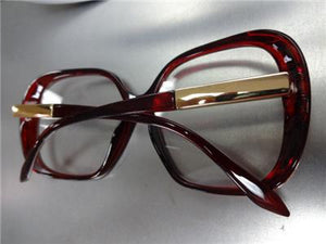 Oversized Vintage Style Clear Lens Glasses- Red & Gold Frame