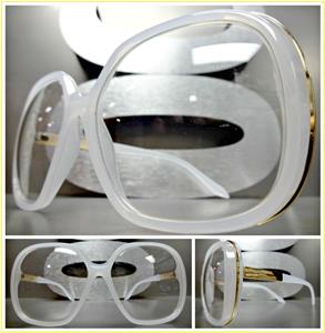 Oversized Vintage Style Clear Lens Glasses- Pearl White & Gold Frame