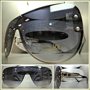 Oversized Retro Shield Sunglasses- Gold Frame & Black Gradient Lens