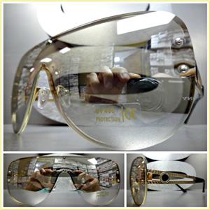 Oversized Retro Shield Sunglasses- Clear Mirrored Lens