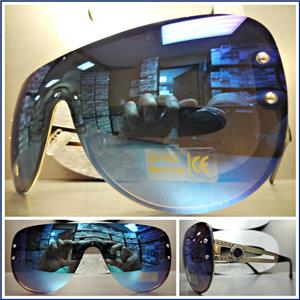 Oversized Retro Shield Sunglasses- Blue Mirror Lens