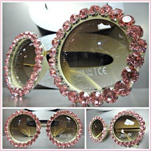 Handmade Elegant Round Sunglasses with Crystals- Pink