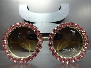 Handmade Elegant Round Sunglasses with Crystals- Pink