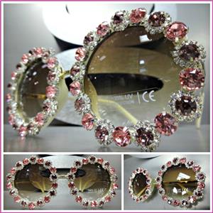 Handmade Elegant Round Sunglasses with Crystals- Pink & Purple