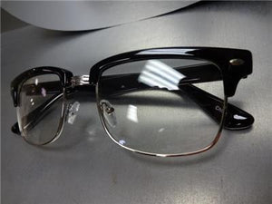 Classic Vintage Style Clear Lens Glasses- Black  & Silver