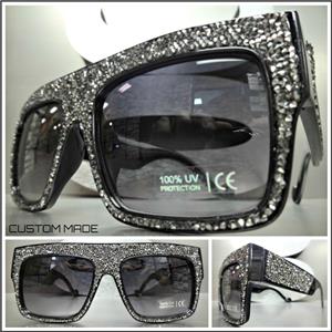 Handmade Oversized Retro Style Hematite Crystal Sunglasses- Black Frame Black Lens