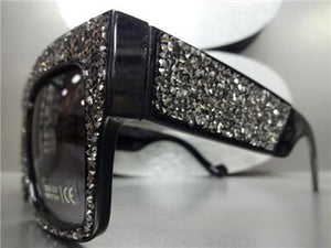 Handmade Oversized Retro Style Hematite Crystal Sunglasses- Black Frame Black Lens