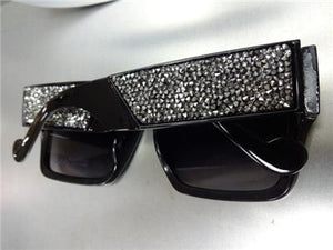 Handmade Oversized Retro Style Hematite Crystal Sunglasses- Black Frame Black Lens