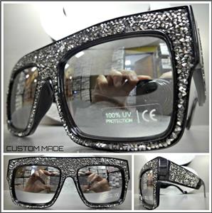 Handmade Oversized Retro Style Hematite Crystal Sunglasses- Black Frame Mirror Lens