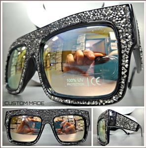 Handmade Oversized Retro Style Hematite Crystal Sunglasses- Black Frame Pink Mirror Lens