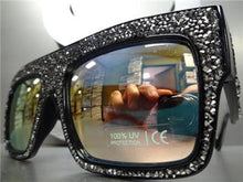 Handmade Oversized Retro Style Hematite Crystal Sunglasses- Black Frame Pink Mirror Lens