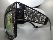 Handmade Oversized Retro Style Hematite Crystal Sunglasses- Black Frame Pink Mirror Lens
