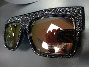 Handmade Oversized Retro Style Hematite Crystal Sunglasses- Black Frame Pink Mirror Lens