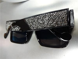 Handmade Oversized Retro Style Hematite Crystal Sunglasses- Black Frame Pink Mirror Lens