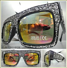Handmade Oversized Retro Style Hematite Crystal Sunglasses- Black Frame Gold Mirror Lens