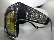 Handmade Oversized Retro Style Hematite Crystal Sunglasses- Black Frame Gold Mirror Lens