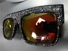 Handmade Oversized Retro Style Hematite Crystal Sunglasses- Black Frame Gold Mirror Lens