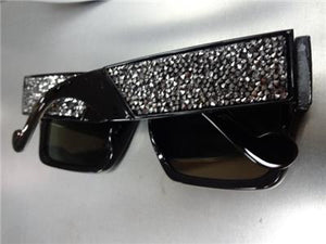 Handmade Oversized Retro Style Hematite Crystal Sunglasses- Black Frame Gold Mirror Lens