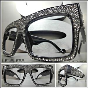 Handmade Oversized Retro Style Hematite Crystal Lensless Glasses- Black Frame