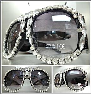 Oversized Retro Style Thick Sunglasses with Crystals & Rhinestones