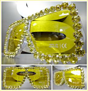 Oversized Retro Shield Style Sunglasses- Transparent Frame Yellow Crystals