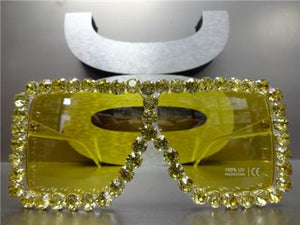 Oversized Retro Shield Style Sunglasses- Transparent Frame Yellow Crystals