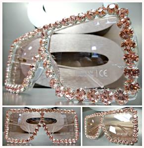 Oversized Retro Shield Style Sunglasses- Transparent Frame Pink Crystals
