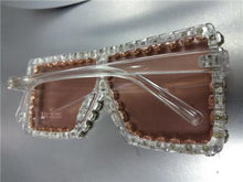 Oversized Retro Shield Style Sunglasses- Transparent Frame Pink Crystals