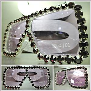 Oversized Retro Shield Style Sunglasses- Transparent Frame Purple Crystals