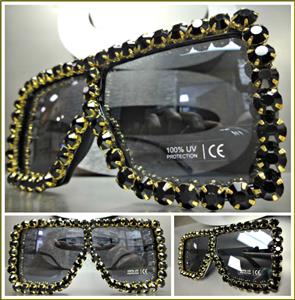 Oversized Retro Shield Style Sunglasses- Black Frame Black Crystals